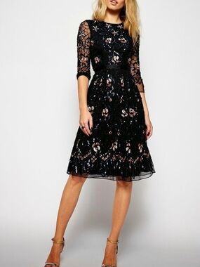 Needle & Thread Black Midi Dress with Rose-Gold Sequin Floral Embroidery